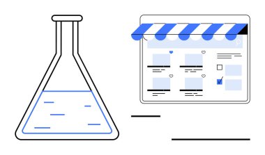 Tenteli bir perdenin yanında kimya şişesi. Bilim, e-ticaret, deney, online alışveriş, analiz, araştırma ve yenilik için ideal. Mavi siyah ve beyaz soyut çizgi düz