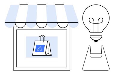 Tenteli vitrin, geri dönüşüm amblemi, ampul ve plastik poşetli alışveriş torbası. Çevre koruma, geri dönüşüm, sürdürülebilirlik, çevre dostu uygulamalar, yenilenebilir kaynaklar için ideal