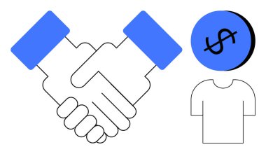 El sıkışma anlaşmasını temsil ediyor, mavi para madeni anlaşmayı simgeliyor, ve basit bir gömlek ikonu. İş ortaklıkları, mali işlemler, sözleşmeler, ticaret, girişimcilik için ideal