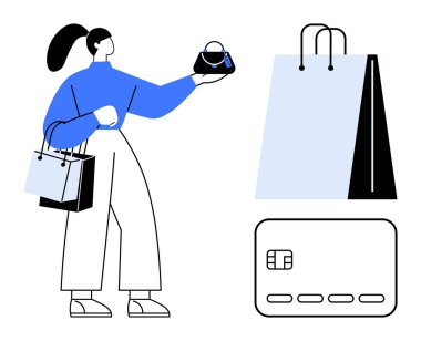 Kadının elinde bir sürü alışveriş çantası ve bir çanta var. Yanında da kredi kartı ve büyük bir alışveriş çantası var. Perakende, e-ticaret, çevrimiçi alışveriş, ödeme sistemleri, pazarlama, tüketici davranışı için ideal