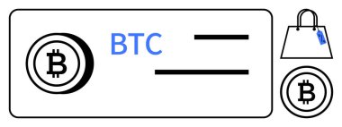 Bitcoin sembolü ve yatay satırlı BTC metni işlem detaylarını, fiyat etiketli alışveriş poşeti simgesini öneriyor. Finans, e-ticaret, kripto para birimi, çevrimiçi alışveriş, dijital alışveriş için ideal
