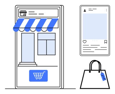 Mobil vitrinde mavi güneşlik ve alışveriş arabası ikonu, boş alanı olan sosyal medya direği ve etiketli alışveriş çantası. E-ticaret için ideal, çevrimiçi alışveriş, sosyal medya pazarlaması, dijital