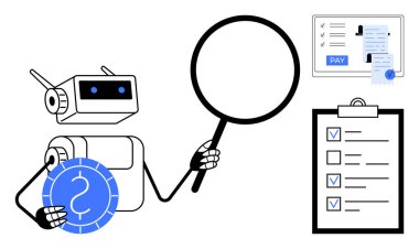 Robot, elinde büyüteç, bozuk para, kontrol listesi ve ödeme formlarıyla belgeleri inceliyor. Finans otomasyonu, yapay zeka analizi, dijital bankacılık, teknoloji denetimleri, robot işlem otomasyonu için ideal
