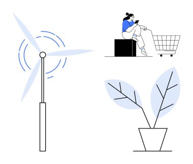 Rüzgar türbininin enerji üretmesi, alışveriş arabasının yanında oturan mavi yapraklı saksı bitkisi. Sürdürülebilirlik, yansıma, alışveriş, tüketim, doğa, çevre için ideal