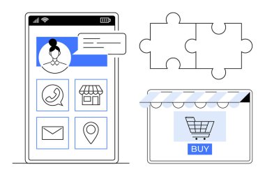 Kullanıcı profilini, iletişim seçeneklerini, yer bulucuyu ve e- posta simgesini gösteren akıllı telefon ekranı. Yapboz parçalarına ve alışveriş arabası ikonu ve Buy düğmesiyle çevrimiçi mağazaya bağlandı. İdeal