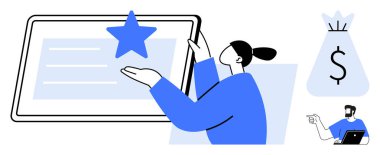 Kadın dokunmatik ekrana bir yıldız, dolar işareti olan bir çanta, dizüstü bilgisayarı olan biri. Takım çalışması, başarı, motivasyon, finansal başarı, tanınan kalite yeniliği için idealdir. Soyut satır düzlüğü