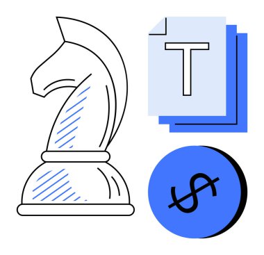 Strateji için satranç şövalyesi, iletişim için belge istiflemek ve finans için dolar işareti. İş için ideal, planlama, strateji geliştirme, mali hedefler, örgütsel iletişim