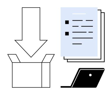 Ok açık bir kutuyu, bir yığın belgeyi ve dizüstü bilgisayarı gösteriyor. İş için ideal, ofis iş akışı, organizasyon, veri yönetimi, verimlilik dijital depolama sistemi. Modern ofis