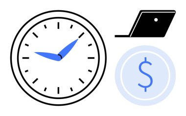 Clock with blue hands represents time. Black laptop next to a blue dollar icon signifies tech-driven financial management. Ideal for productivity, efficiency, work-life balance, financial planning clipart