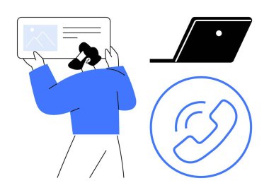 Elinde belge, dizüstü bilgisayar, telefon arama simgesi bulunan kişi, anahtar temaların uzaktan çalışmayı, sanal toplantıları, veri paylaşımını ve çevrimiçi iletişimi desteklediğini öne sürüyor. Takım çalışması ve teknoloji kavramları için ideal.