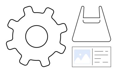 Dişliler, alışveriş çantası ve resim çizelgesi ayarlar, alışveriş ve medya. Teknoloji, perakende satış, e-ticaret otomasyonu dijital medya arayüzü için ideal. Modern soyut çizgi