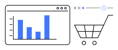 Web tarayıcı penceresindeki çubuk grafik bir alışveriş arabası simgesinin yanında. E-ticaret analizi, çevrimiçi alışveriş eğilimleri, iş raporları, veri görselleştirme, piyasa araştırması, satış izleme ve perakende satış için ideal