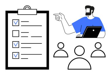 Dizüstü bilgisayarı olan bir adam üç takım üyesiyle çevrili geniş bir kontrol listesinde. Proje yönetimi, görev organizasyonu, takım çalışması, liderlik, toplantı ve verimlilik için ideal. Soyut çizgi