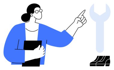 Aşağıda ayak izleri olan, elinde belgelerle büyük bir İngiliz anahtarı sembolünü gösteren bir kadın. Komut, rehberlik, teknik destek, problem çözme, yön, yönetim temaları için ideal