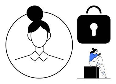 Kilit sembolü ve mobil cihaz kullanan kişinin yanında dairesel çerçeveli çörek saç stiline sahip Avatar. Siber güvenlik, veri gizliliği, kullanıcı kimlik denetimi, çevrimiçi güvenlik, kullanıcı profilleri için ideal