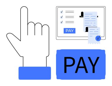 Dijital bir makbuzda görünen eşyaların parasını ödemek için dokunmatik ekrana tıklamak. Web siteleri, mobil uygulamalar, e-ticaret, mali işlemler, çevrimiçi alışveriş, fatura, ödeme kapıları için ideal