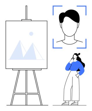 Geometrik sanat eserleri ile sehpanın yakınındaki kadın, yüz tanıma çerçevesine bakıyor. Yaratıcılık, stratejik düşünme, yenilik, planlama, tefekkür, problem çözme, modern sanat soyut çizgisi için ideal