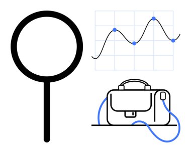 Büyüteç, evrak çantası ve veri noktaları ve trend çizgisi olan grafik. İş analizi, piyasa araştırması, mali strateji, profesyonel araçlar, kariyer büyümesi, veri sunumu, rapor için ideal