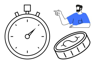 Kronometre zamanı, madeni kararları belirten madeni parayı ve yönü gösteren adamı gösteriyor. İş stratejisi, mali planlama, zaman yönetimi, karar verme mekanizması, rehberlik için ideal