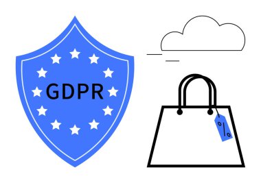 Yıldızlı GDPR koruma kalkanı, indirimli etiketli alışveriş çantası ve bulut sembolü. Veri gizliliği, e-ticaret, tüketici koruması, düzenleyici uyum, dijital güvenlik, çevrimiçi alışveriş için ideal