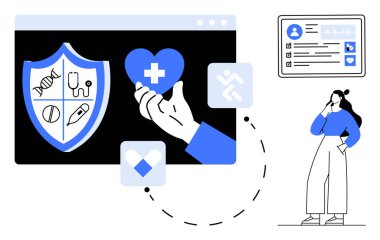 İçinde DNA, doktor, şırınga ve tıbbi haçlı bir kalbi tutan hapların bulunduğu bilgisayar ekranı. Sağlık hizmetleri, sigorta, hasta tercihleri, koruma, sağlık hizmetleri için ideal