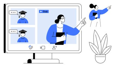 Öğretmen, mezuniyet şapkalı iki öğrenciyle ekranı işaret ediyor. E-öğrenim, sanal sınıflar, uzaktan eğitim, web siteleri, çevrimiçi eğitim, öğretici tasarım, dijital