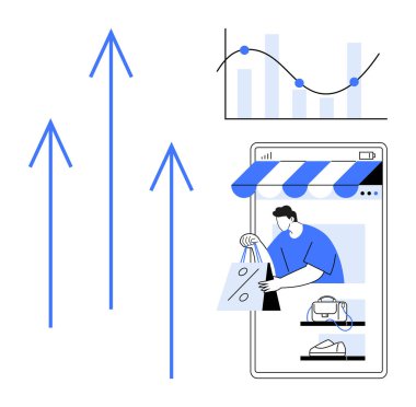 Yükselen büyümeyi gösteren oklar, akıllı telefondan çıkan alışveriş yapan kişi, çizgi çizelgeli grafikler çizen bar grafiği. İş büyümesi, çevrimiçi alışveriş, dijital pazarlama, satış analizleri için ideal