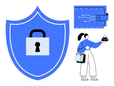 Asma kilitli mavi rozet, dijital cüzdan, elinde telefon tutan kadın alışveriş torbaları, online alışveriş örnekleri. Siber güvenlik için ideal, çevrimiçi işlemler, veri koruması, e-ticaret, fintech
