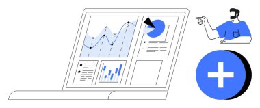 Analitik gösterge paneli olan dizüstü bilgisayar ekranında çeşitli grafik ve grafikler gösteriliyor. Düğme eklemek için işaret eden adam. Veri analizi, iş zekası, kullanıcı bağlantısı ve performans takibi için ideal