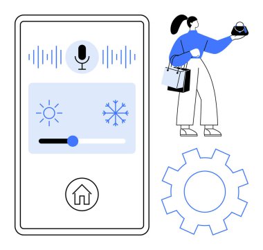 Akıllı ev iklim ayarlarını telefonda uygulamayla ayarlayan çantaları tutan kadın, ayarlar arasında sürgülü, mikrofonlu, dişli güneş ve kar tanesi ikonları yer alıyor. Akıllı ev için ideal, IOT, teknoloji, ev