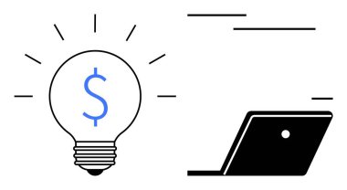 Dolar işaretli ampul dizüstü bilgisayarın yanında yenilikçi fikirleri temsil ediyor. Yenilik, finans, teknoloji, girişimcilik, iş büyümesi, yaratıcılık ve dijital çalışma temaları için ideal