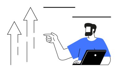 Profesyonel iş adamları, büyüyen okları işaret ederek ilerleme ve başarıyı gösteriyor. Ticari büyüme, veri analizi, mali tahminler, verimlilik artışı, hedef belirleme, stratejik