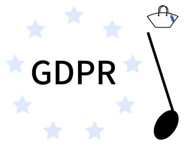 Yıldızlar tarafından çevrelenmiş GDPR metni, çanta ve anahtar deliği veri gizliliği ve korunmasını, düzenleyici uyum, siber güvenlik, dijital güvenlik ve kullanıcı rızasını vurguluyor. Yasal düzenlemeler için ideal