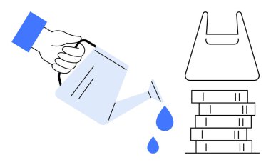 Sulama tenekesi, alışveriş torbası hatlarıyla birlikte bozuk para yığınına su döker. Yatırım, büyüme, tasarruf, yetiştirme şirketleri, mali bakım, ekonomik destek, kalkınma için ideal. Minimalist