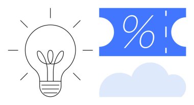 Ampul, indirimli bilet ve bulut sembolü. Konseptler için ideal yenilik, tasarruf, bulut hesaplama, yeni fikirler, verimlilik dijital çözümler iş büyümesi. Soyut çizgi