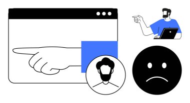 Web ekranında el işaretleme, dizüstü bilgisayarı olan kişi, kullanıcı avatarı, üzgün surat. Kullanıcı arayüzü tasarımı, çevrimiçi kılavuz, kullanıcı deneyimi, insan-bilgisayar etkileşimi, teknolojik duygu için ideal