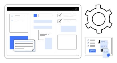 Görev kutuları, metin kutuları, ödeme düğmesi ve ayarlama teçhizatı simgesiyle kullanıcı arayüzü ekranı. Proje yönetimi için ideal, SaaS, dijital üretkenlik, mali işlemler, iş akışı