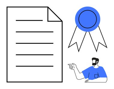 Büyük belge, mavi kurdele, mavi gömlekli kişi tanınma, sertifika, başarı, eğitim, ödüller, onay, motivasyon onaylama için ideal kişi