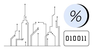 Devreden esinlenilmiş gökdelenleri dijital yüzde sembolü ve ikili kodu olan gelecekçi şehir manzarası. Teknoloji, finans, dijital dönüşüm, yenilik, veri analizi, akıllı şehirler için ideal