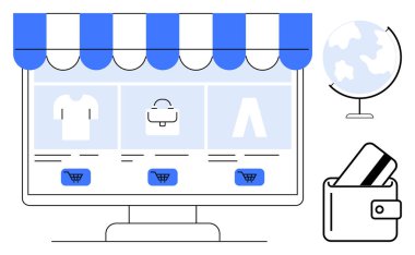 Bilgisayar ekranında giysi eşyaları, cüzdan ve küreyle çevrimiçi alışveriş sayfası var. E-ticaret, perakende, küresel iş, çevrimiçi ödeme, alışveriş, İnternet pazarlama için ideal