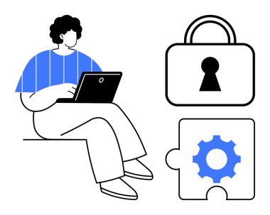 Güvenlik kilidi ve yapboz parçasının yanında otururken dizüstü bilgisayar kullanan biri. Siber güvenlik, çevrimiçi gizlilik, veri koruması, teknoloji, eğitim, dijital çözümler ve strateji için ideal