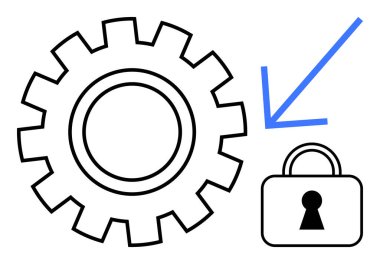 Kilidi işaret eden mavi ok ve anahtar deliği olan bir asma kilidin yanında siyah dişli. Siber güvenlik, veri koruması, şifreleme, güvenli mekanizma, yazılım güvenliği, mekanik güvenlik için ideal