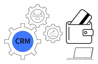 CRM etiketli dişliler, kullanıcı simgeleri, çizelge, kredi kartlı cüzdan, dizüstü bilgisayar. İş yönetimi, müşteri ilişkileri, ödeme sistemleri dijital araçlar veri analizi iş akışı optimizasyonu için idealdir. Çizgi