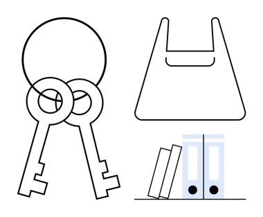 Vintage anahtarlar dairesel bir döngüyle örtüşüyor, saplı alışveriş torbası, iki ofis klasörü dik, bir klasör eğimli. Organizasyon, erişim, güvenlik, alışveriş, ofis basitliği için ideal