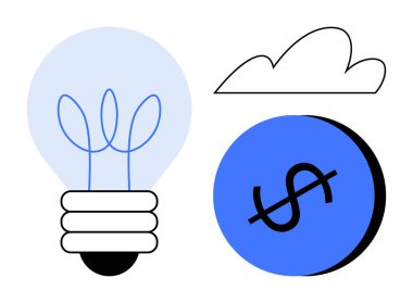 Yapraklı ampul, bulut, mavi para. Sürdürülebilirlik, yenilik, finansal büyüme, çevre dostu çözümler, enerji verimliliği iş yönetimi için ideal. Soyut çizgi