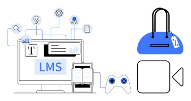Çevresinde büyüteç, ampul, teçhizat ve sertifika olan LMS gösteren bilgisayar ekranı. Oyun kontrolleri, açık bir kitap, el çantası ve oynatma düğmeleri. Eğitim için ideal