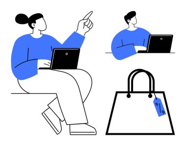 Farklı aktivitelere katılan dizüstü bilgisayar kullanan iki kişi, fiyat etiketli büyük bir alışveriş çantası. E-ticaret, teknoloji, iletişim, uzak çalışma, pazarlama, çevrimiçi eğitim, soyut çizgi