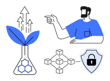 Yapraklar şişeden büyüyen oklar, işaret eden insanlar, birbirine bağlı bloklar, ve kilitli kalkan. Teknoloji, yenilik, engelleme zinciri, büyüme, güvenlik biyoteknolojisi için ideal