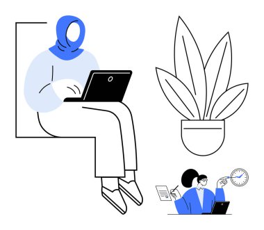 Dizüstü bilgisayar kullanan tesettürlü bir kadın, saksı bitkisi, pano ve saatle ilgili işleri yöneten başka bir kadın. Üretkenlik, uzaktan çalışma, çeşitlilik, zaman yönetimi, takım çalışması, doğa dengesi için ideal