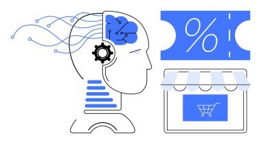 Human head with brain circuit, gear, and data flow shopping cart screen with storefront discount tag. Ideal for AI in retail, automation, smart shopping, technology innovation, digital clipart